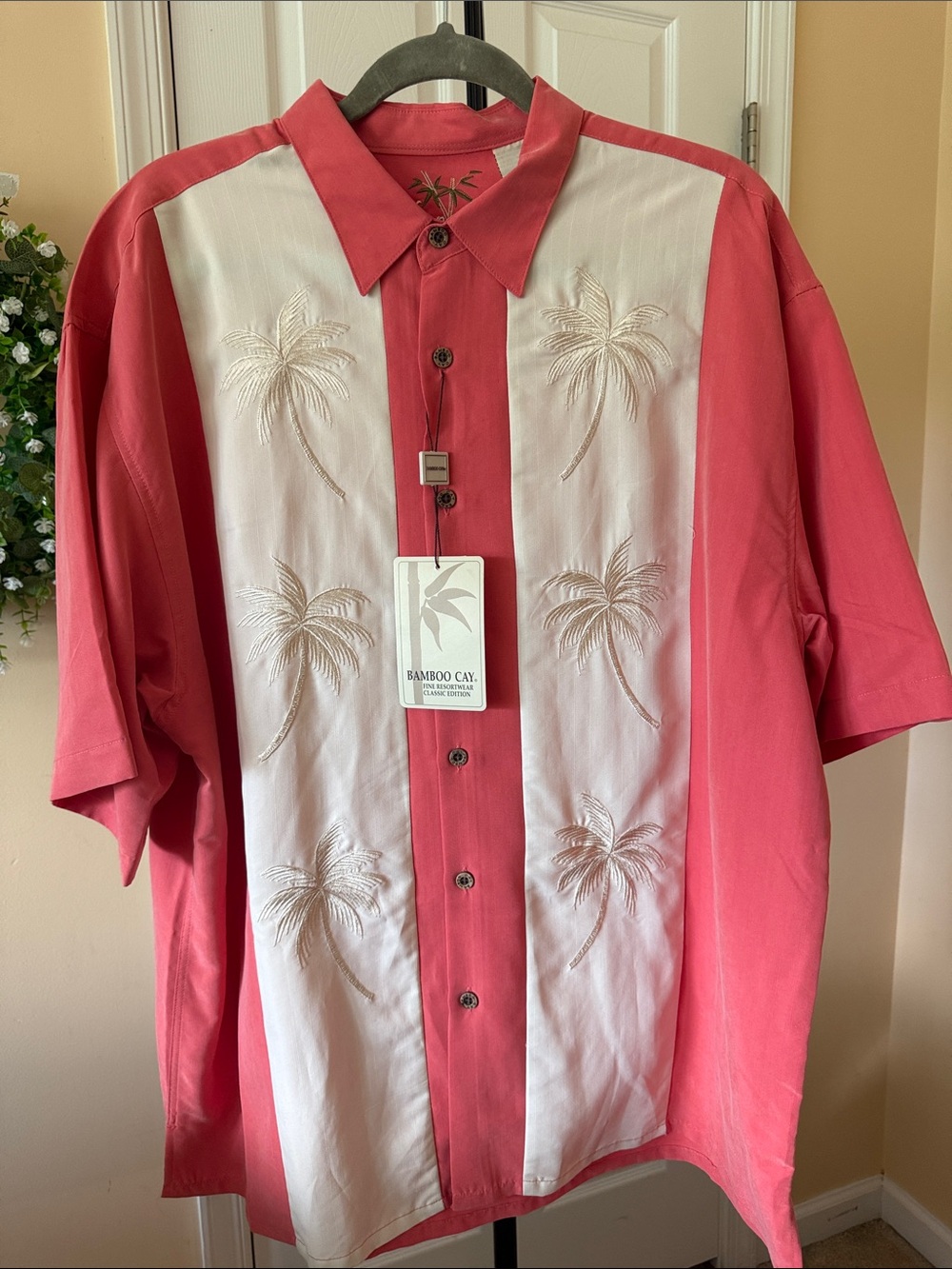 BAMBOO Coral and White Embroidered Palm Camp Shirt